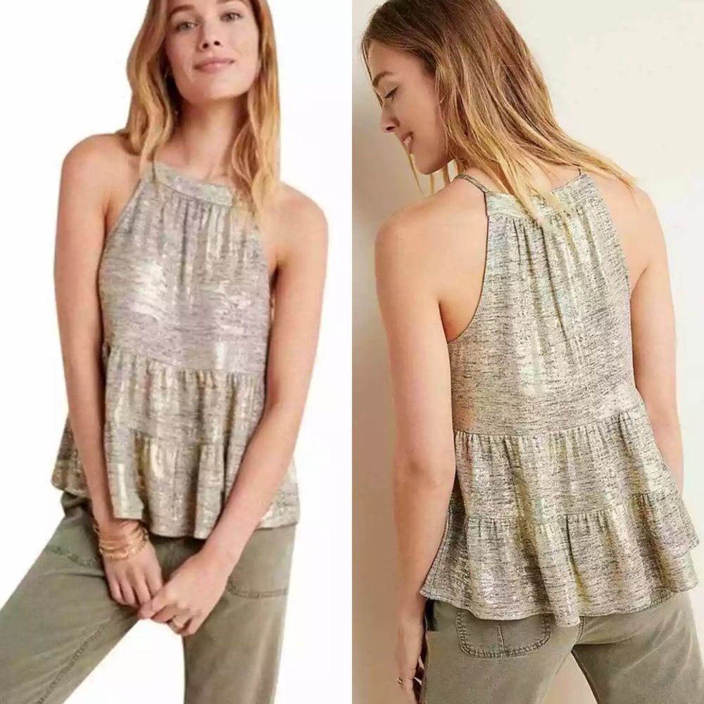 NWT Anthropologie Sunday In Brooklyn Becca Tiered Babydoll Top Gold Metallic M
